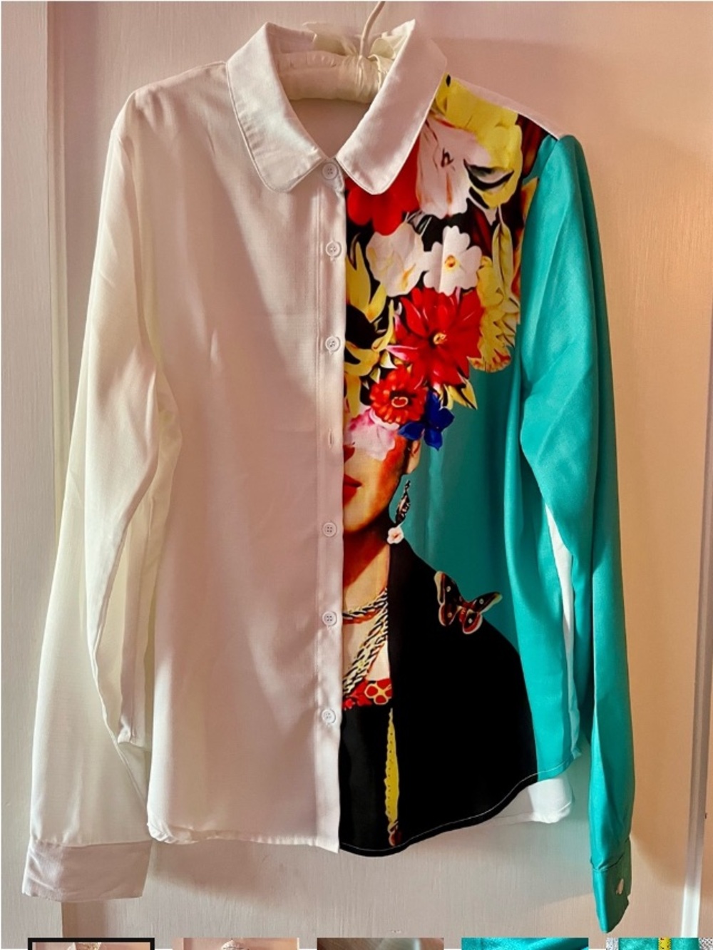 White & Green Frida Kahlo Floral Graphic Button-Up Long Sleeve Shirt
